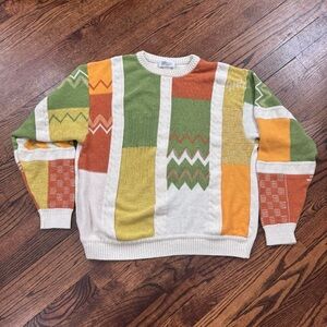 Vintage Pelo Earth Tone Color block   Geometric Pattern Knit Sweater Size Large